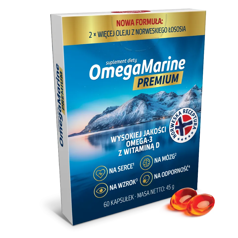 Natural Pharmaceuticals OmegaMarine™ Premium Pudełko suplementu diety OmegaMarine™ Premium (omega‑3 z witaminą D, norweska receptura) z dwoma czerwonymi kapsułkami z lewej strony; informacja: nowa formuła – 2× więcej oleju z norweskiego łososia.
