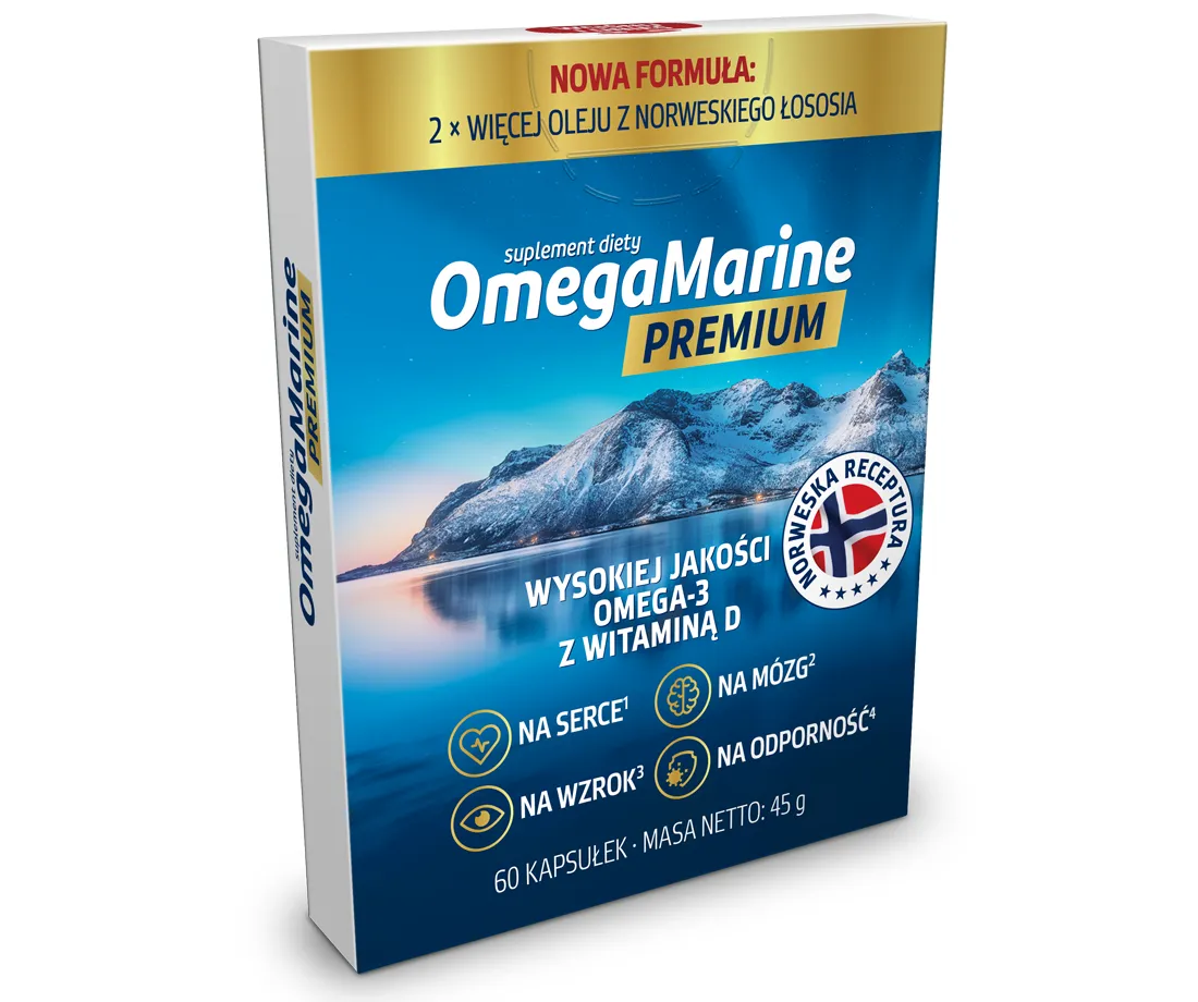Natural Pharmaceuticals OmegaMarine Premium Opakowanie suplementu diety OmegaMarine Premium z olejem z norweskiego łososia, Omega-3 i witaminą D wspierające serce, mózg, wzrok i odporność.