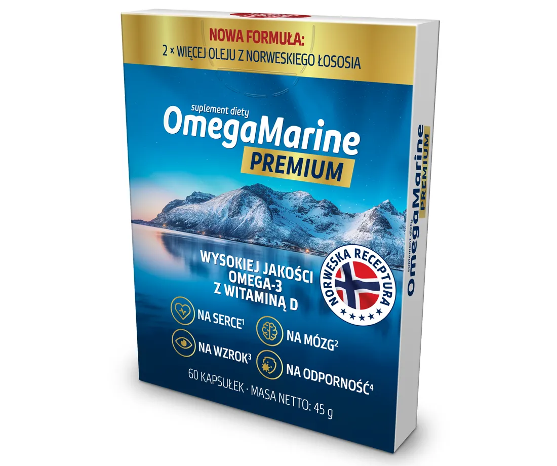 Natural Pharmaceuticals OmegaMarine Premium Opakowanie suplementu diety OmegaMarine Premium z olejem z norweskiego łososia, Omega-3 i witaminą D wspierające serce, mózg, wzrok i odporność.