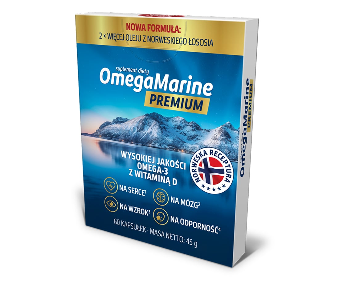 Natural Pharmaceuticals OmegaMarine Premium Opakowanie suplementu diety OmegaMarine Premium z olejem z norweskiego łososia, Omega-3 i witaminą D wspierające serce, mózg, wzrok i odporność.